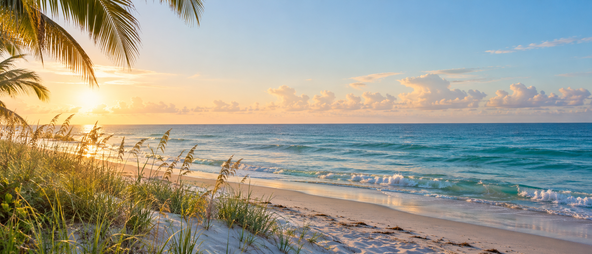 Gentle waves and sea oats along a sunlit coastal beach