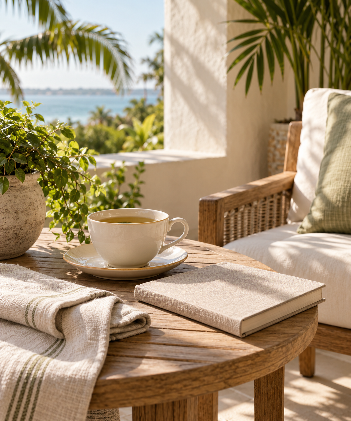 Tea and a linen journal on a quiet sunlit veranda